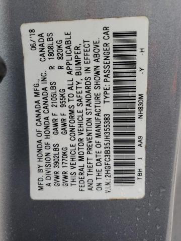 2HGFC3B35JH355383 - 2018 HONDA CIVIC EX ნაცრისფერი ფოტო 12