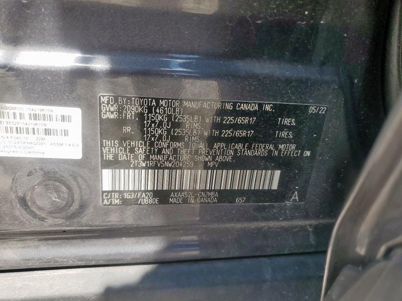 2T3W1RFV5NW204259 - 2022 TOYOTA RAV4 XLE GRAY photo 14