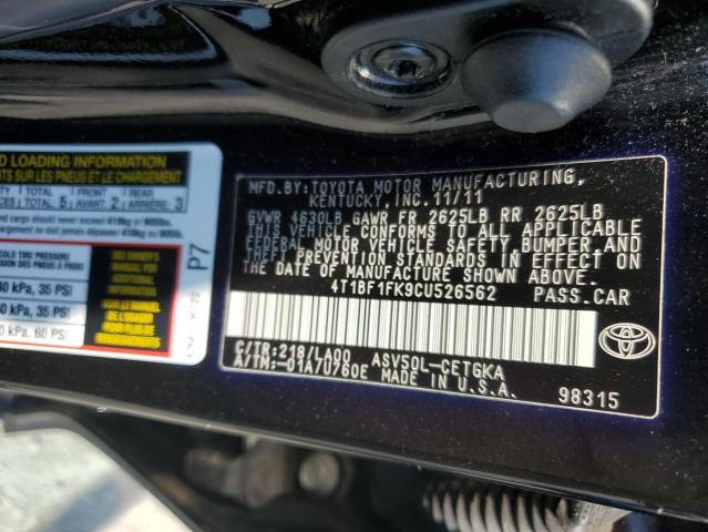 4T1BF1FK9CU526562 - 2012 TOYOTA CAMRY BASE 黑色 照片 12