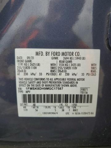 1FMSK8DH9MGC17587 - 2021 FORD EXPLORER XLT ლურჯი ფოტო 14