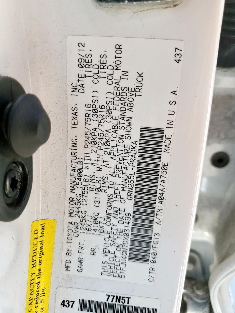 5TFJU4GN7DX031499 - 2013 TOYOTA TACOMA DOUBLE CAB PRERUNNER WHITE photo 12