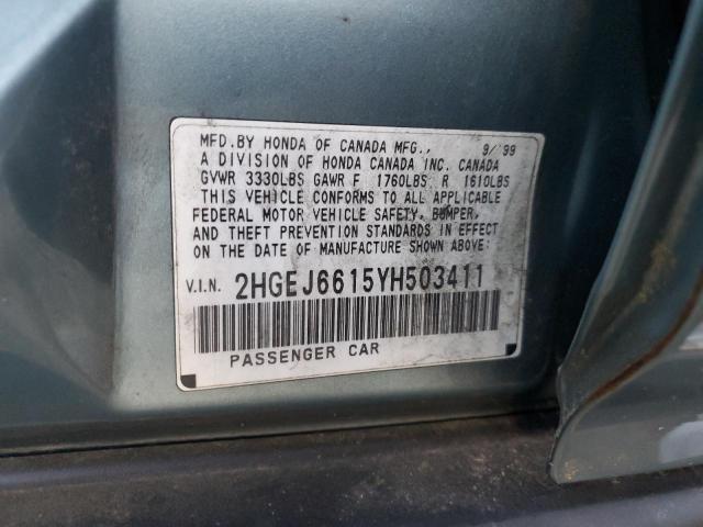 2HGEJ6615YH503411 - 2000 HONDA CIVIC BASE Dəniz mavisi foto 12