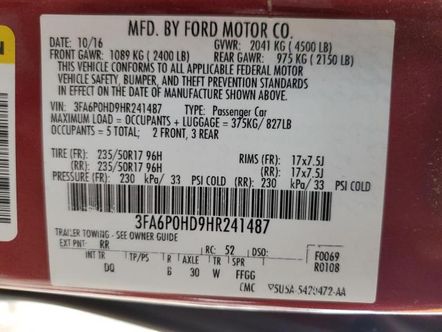 3FA6P0HD9HR241487 - 2017 FORD FUSION SE RED photo 12