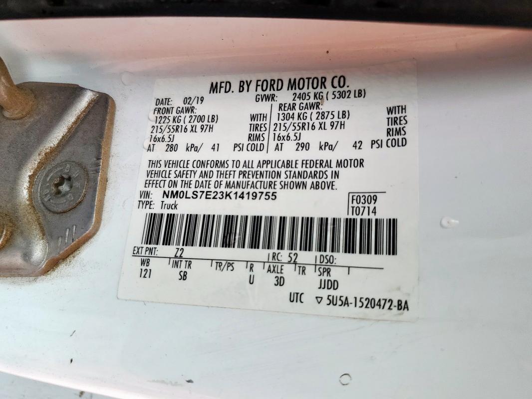 NM0LS7E23K1419755 - 2019 FORD TRANSIT CO XL თეთრი ფოტო 13