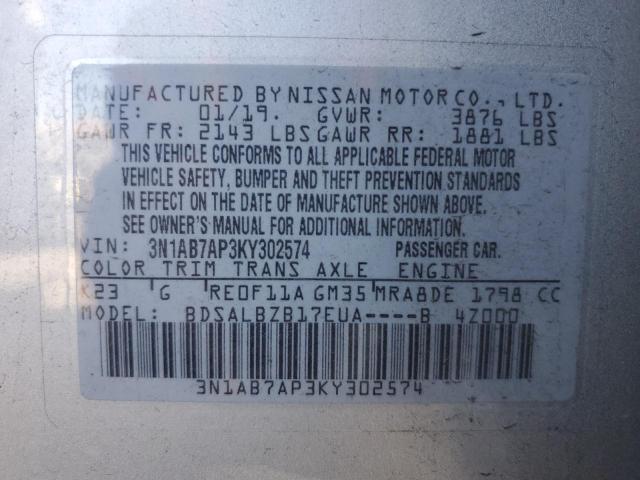 3N1AB7AP3KY302574 - 2019 NISSAN SENTRA S SILVER photo 12