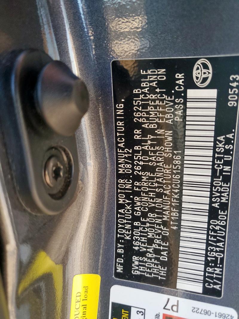 4T1BF1FK4CU615861 - 2012 TOYOTA CAMRY BASE GRAY photo 12