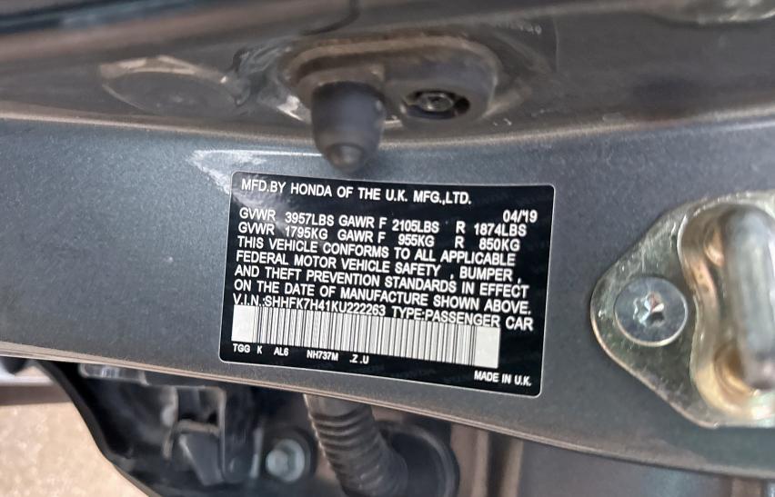 SHHFK7H41KU222263 - 2019 HONDA CIVIC SPORT Szary zdjęcie 10