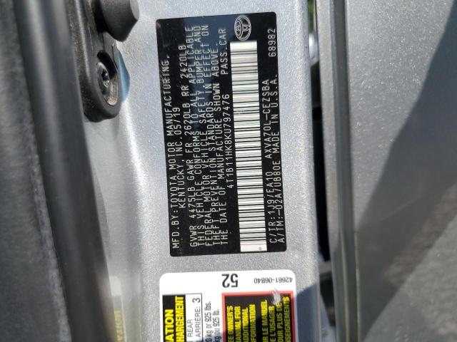 4T1B11HK8KU797476 - 2019 TOYOTA CAMRY L SILVER photo 13