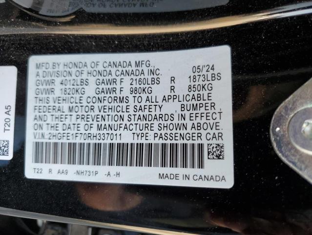 2HGFE1F70RH337011 - 2024 HONDA CIVIC EX BLACK photo 13