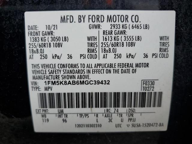 1FM5K8AB6MGC39432 - 2021 FORD EXPLORER POLICE INTERCEPTOR أسود صورة 14