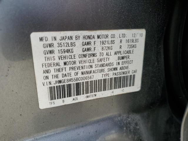 JHMGE8H55BC006567 - 2011 HONDA FIT SPORT GRAY photo 13