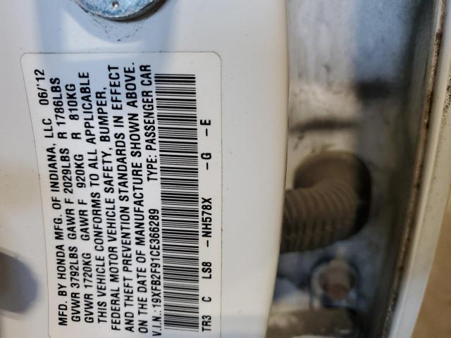 19XFB2F91CE366289 - 2012 HONDA CIVIC EXL WHITE photo 12