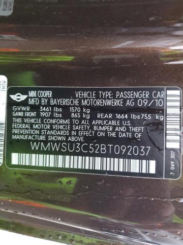 WMWSU3C52BT092037 - 2011 MINI COOPER BROWN photo 12