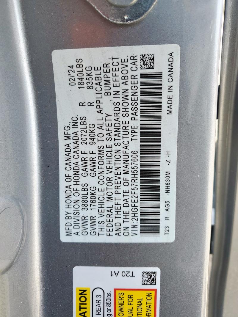 2HGFE2F57RH557606 - 2024 HONDA CIVIC SPORT SILVER photo 13