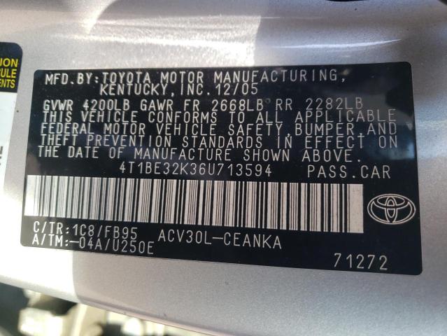 4T1BE32K36U713594 - 2006 TOYOTA CAMRY LE SILVER photo 12