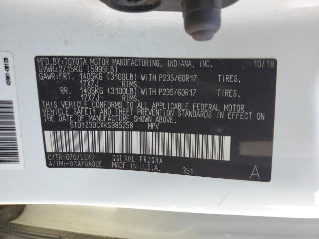 5TDYZ3DCXKS985258 - 2019 TOYOTA SIENNA XLE WHITE photo 13