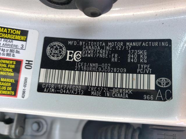 2T1BURHE9JC028209 - 2018 TOYOTA COROLLA L 银色 照片 13