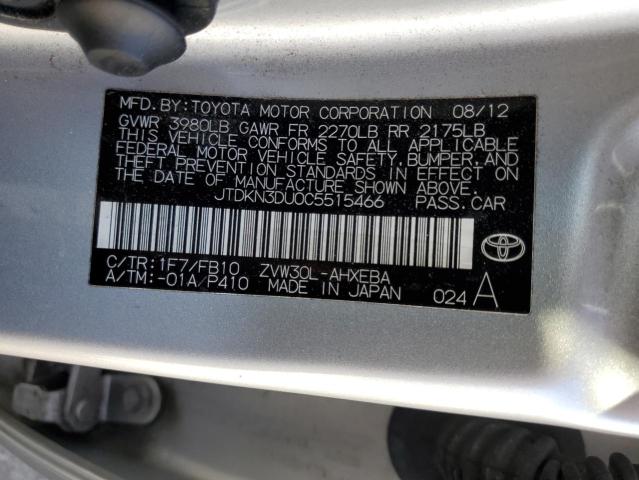 JTDKN3DU0C5515466 - 2012 TOYOTA PRIUS SILVER photo 12