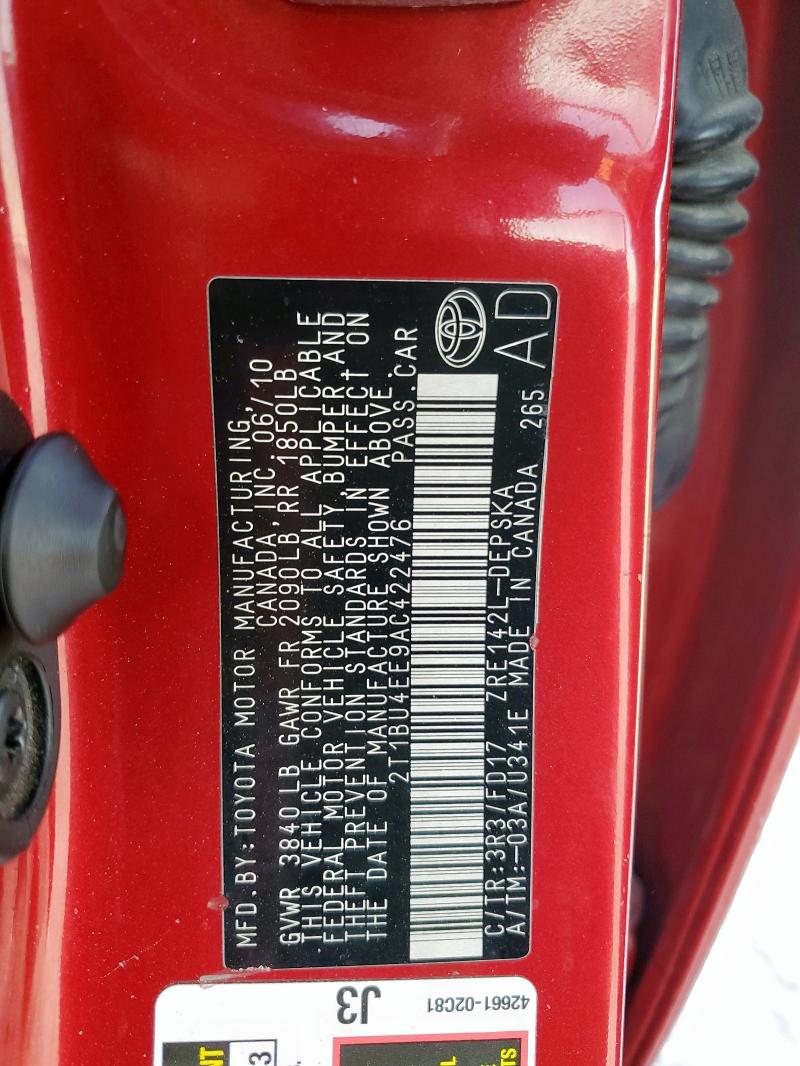 2T1BU4EE9AC422476 - 2010 TOYOTA COROLLA BASE 红色 照片 12