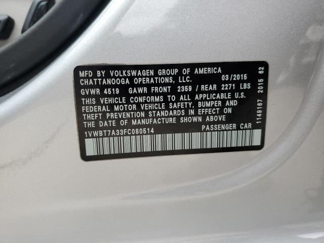 1VWBT7A33FC080514 - 2015 VOLKSWAGEN PASSAT SE 银色 照片 12