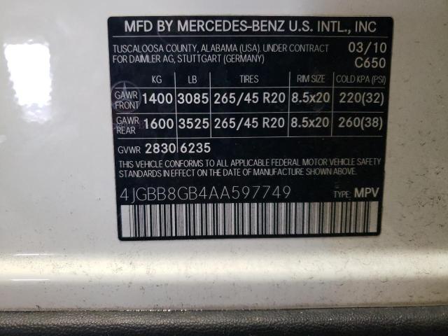4JGBB8GB4AA597749 - 2010 MERCEDES-BENZ ML 350 4MATIC WHITE photo 12