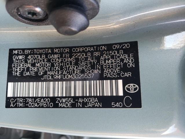 JTDL9MFU0M3025537 - 2021 TOYOTA PRIUS LE TURQUOISE photo 12