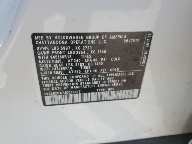 1V2KR2CA7JC530317 - 2018 VOLKSWAGEN ATLAS SE Білий фото 13