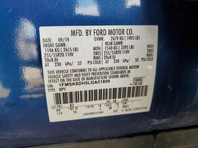 1FMSK8DH5LGA51809 - 2020 FORD EXPLORER XLT BLUE photo 13