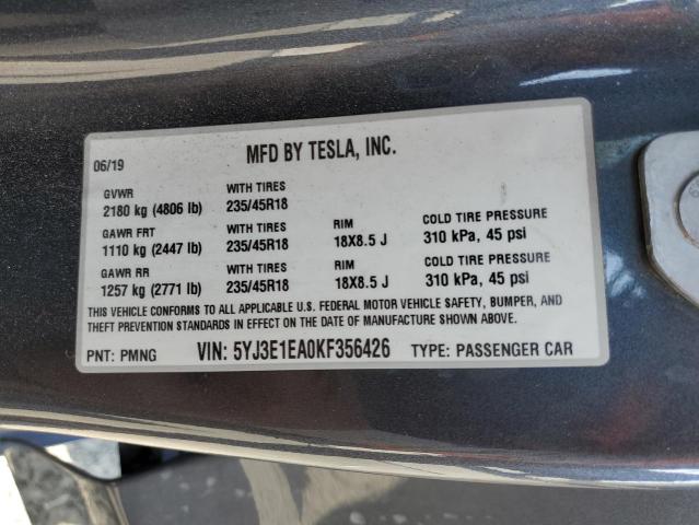 5YJ3E1EA0KF356426 - 2019 TESLA MODEL 3 灰色 照片 13