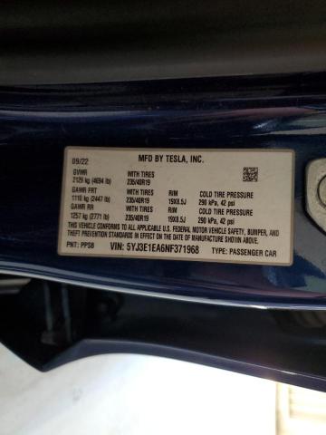 5YJ3E1EA6NF371968 - 2022 TESLA MODEL 3 蓝色 照片 12
