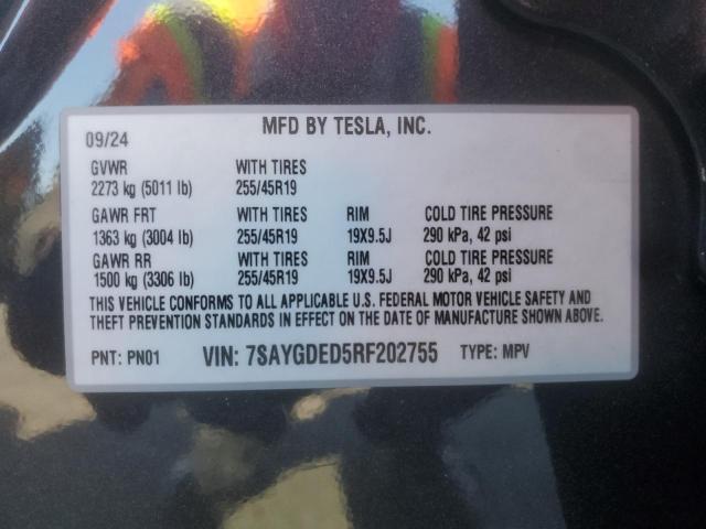 7SAYGDED5RF202755 - 2024 TESLA MODEL Y CHARCOAL photo 12