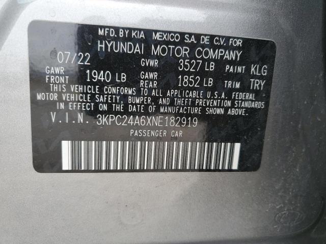 3KPC24A6XNE182919 - 2022 HYUNDAI ACCENT SE GRAY photo 12