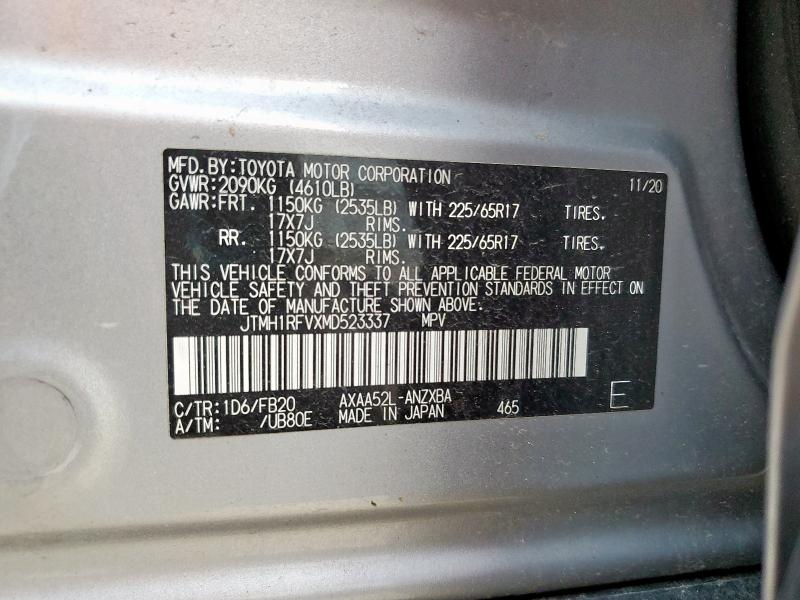 JTMH1RFVXMD523337 - 2021 TOYOTA RAV4 LE SILVER photo 13