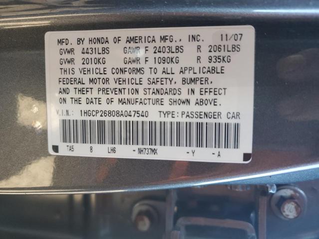 1HGCP26808A047540 - 2008 HONDA ACCORD EXL GRAY photo 12