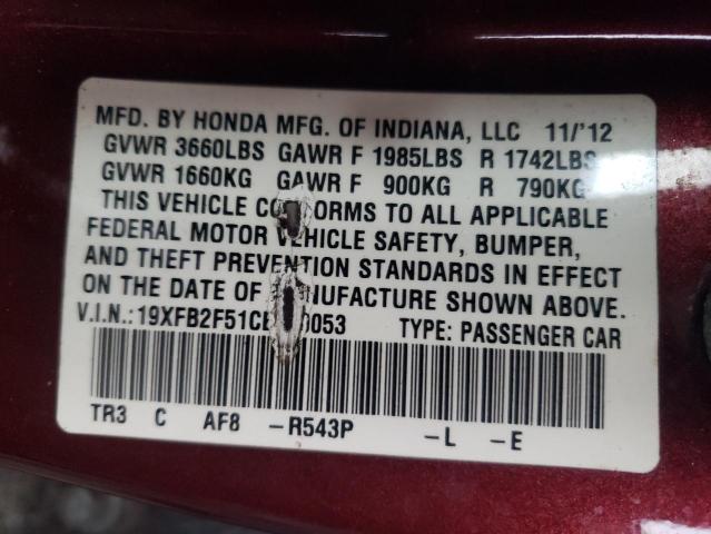 19XFB2F51CE110053 - 2012 HONDA CIVIC LX BURGUNDY photo 12