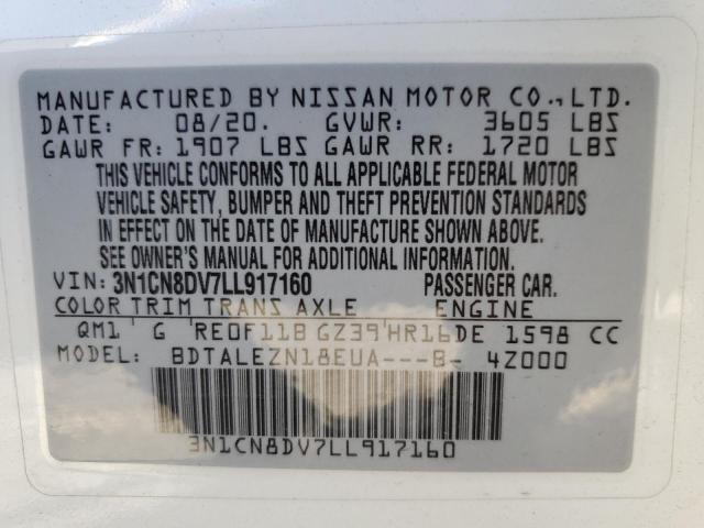 3N1CN8DV7LL917160 - 2020 NISSAN VERSA S WHITE photo 13