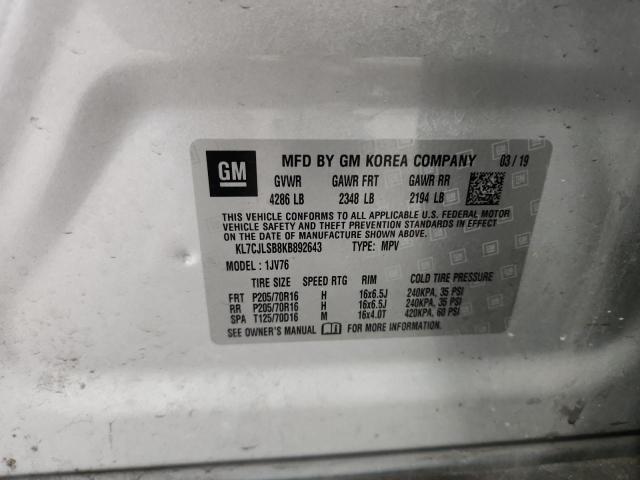 KL7CJLSB8KB892643 - 2019 CHEVROLET TRAX 1LT Argent photo 13