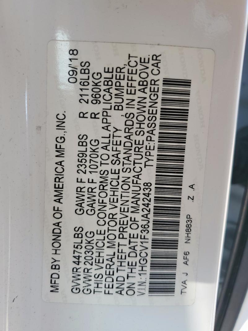 1HGCV1F36JA242438 - 2018 HONDA ACCORD SPORT თეთრი ფოტო 12