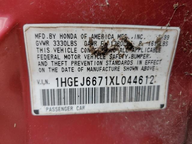 1HGEJ6671XL044612 - 1999 HONDA CIVIC LX RED photo 12