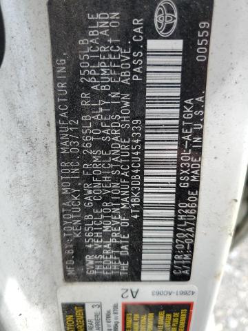 4T1BK3DB4CU454339 - 2012 TOYOTA AVALON BASE Weiß Foto 12