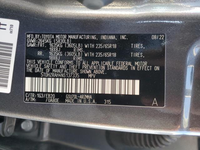 5TDHZRAH4NS137335 - 2022 TOYOTA HIGHLANDER XLE CHARCOAL photo 13