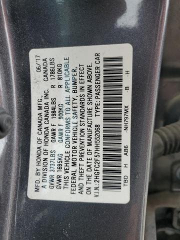 2HGFC2F57HH552068 - 2017 HONDA CIVIC LX GRAY photo 12