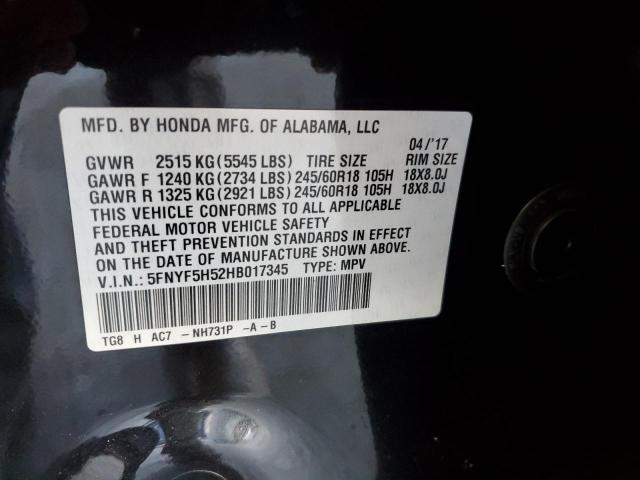 5FNYF5H52HB017345 - 2017 HONDA PILOT EXL BLACK photo 14