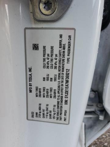 5YJ3E1EA7NF369212 - 2022 TESLA MODEL 3 WHITE photo 12