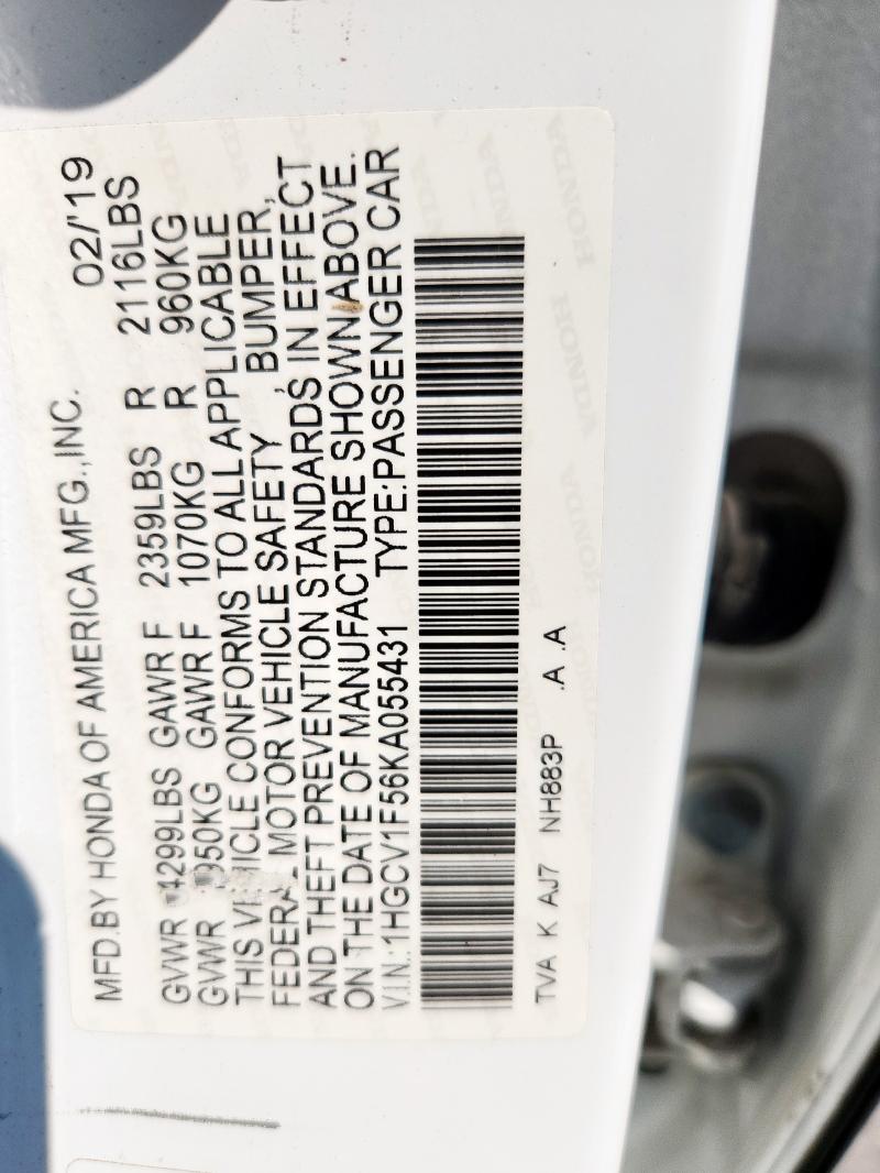 1HGCV1F56KA055431 - 2019 HONDA ACCORD EXL თეთრი ფოტო 13