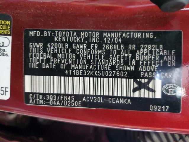 4T1BE32KX5U027602 - 2005 TOYOTA CAMRY LE 勃艮第红 照片 12