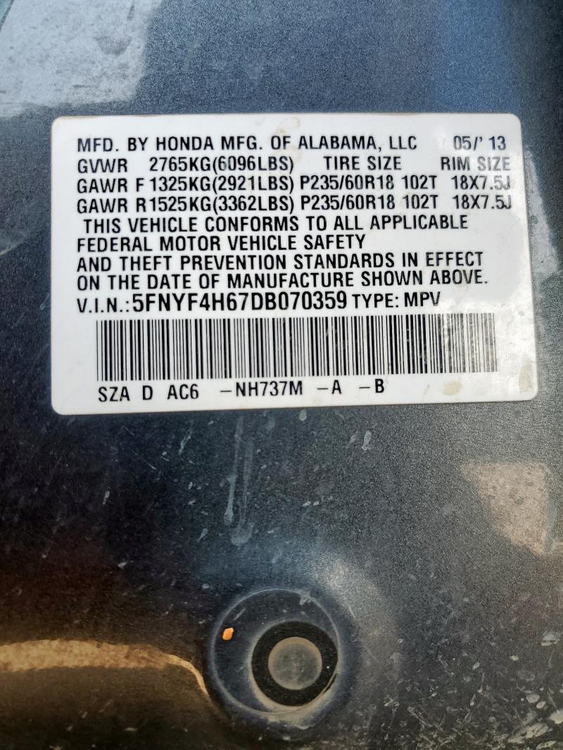 5FNYF4H67DB070359 - 2013 HONDA PILOT EXL 灰色 照片 13