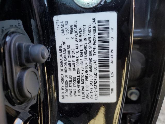 2HGFB2F55DH601748 - 2013 HONDA CIVIC LX BLACK photo 12