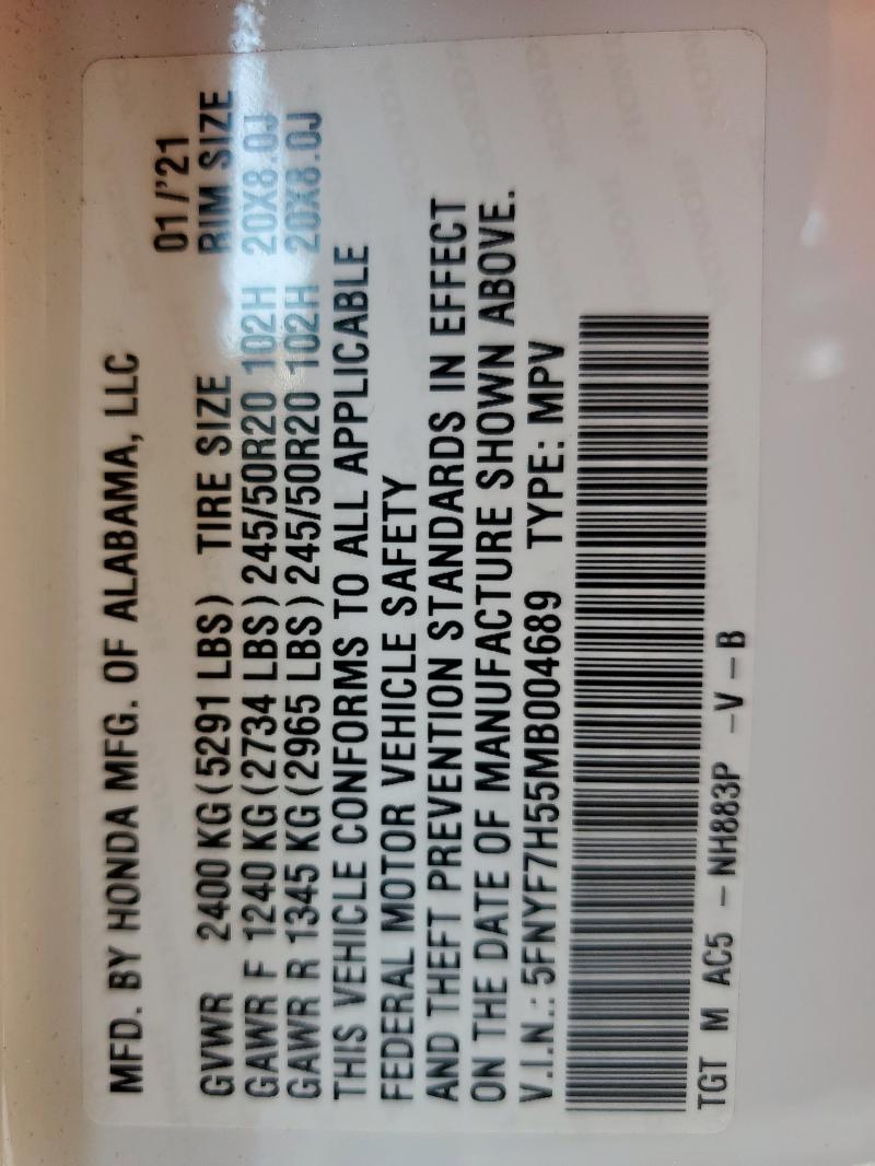 5FNYF7H55MB004689 - 2021 HONDA PASSPORT EXL WHITE photo 13