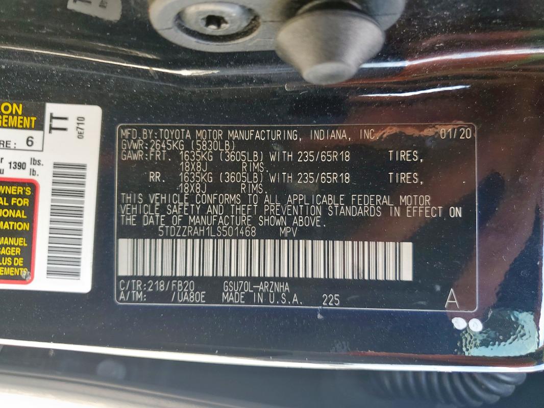 5TDZZRAH1LS501468 - 2020 TOYOTA HIGHLANDER L 黑色 照片 14